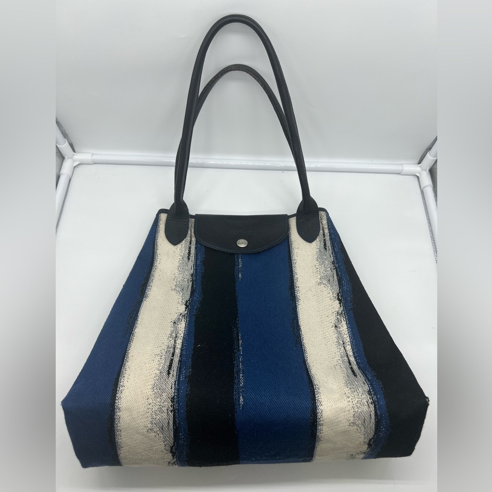 LONGCHAMP Coup De Pinceau EW Tote Blue Striped Canvas Leather Trim Shoulder Bag - Picture 5 of 17